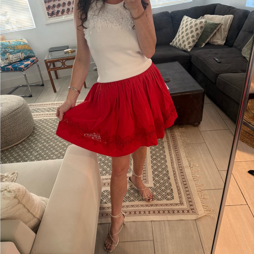 Alice + Olivia Red Embroidered Bubble Skirt